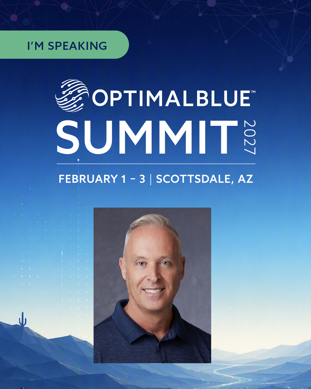 Completed Summit speaker graphic example with a professional headshot