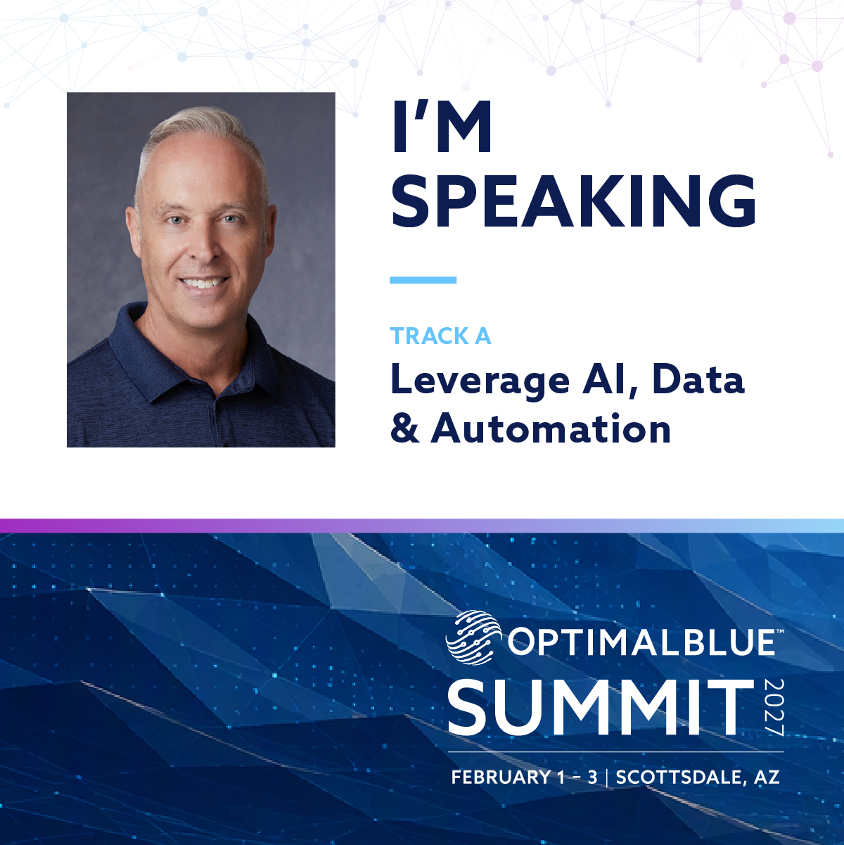 Completed Summit speaker graphic example with a professional headshot